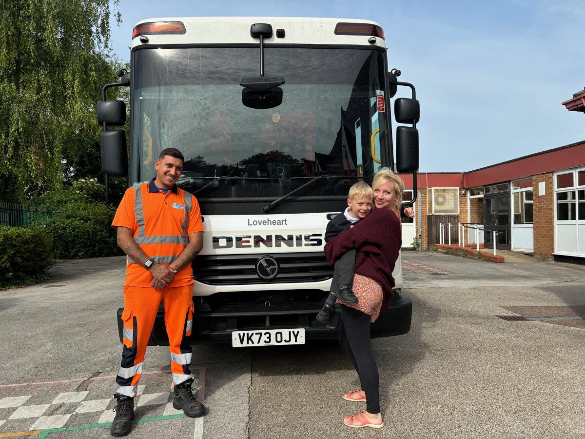 Alex with mum Georgia and waste opertive Justin Dillon